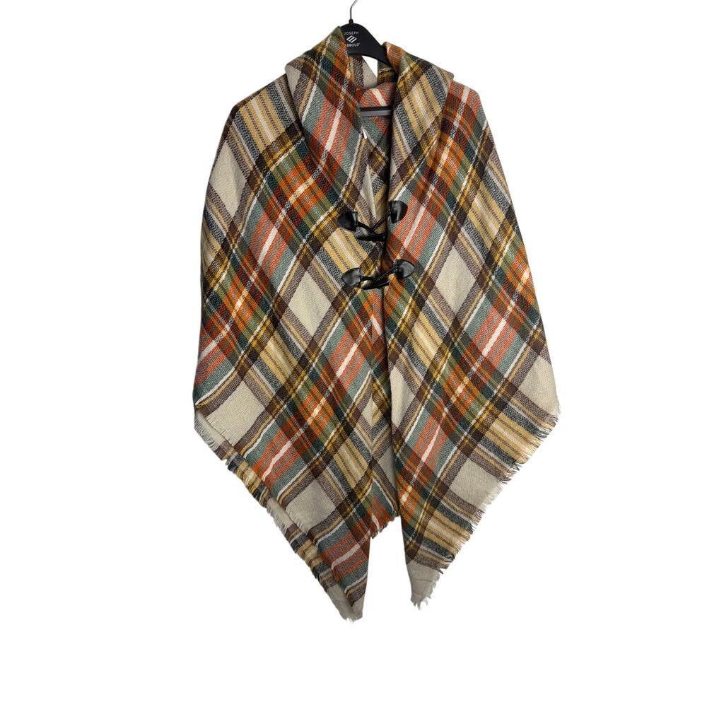 London Rag Plaid Fringe Poncho Cape Wrap NWT One Size Toggle Closure Brown Rust